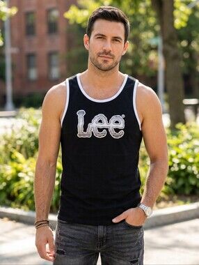 Lee Men's Graphic Tank Top Black White Trim Striped Logo Size Medium
